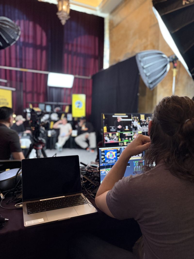 San Francisco Podcast Video Production 1 San Francisco podcast video production crew monitoring multi-camera livestream recording on set