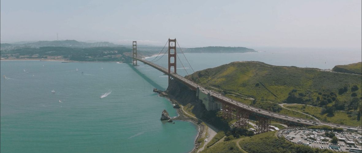 Aerial view of the Golden Gate Bridge from the Marin Headlands