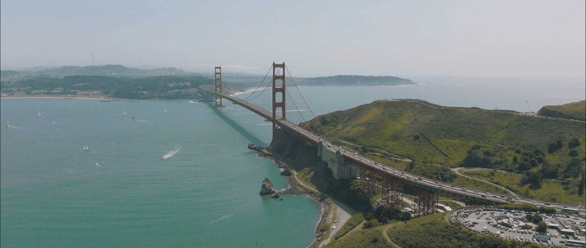 Aerial view of the Golden Gate Bridge from the Marin Headlands