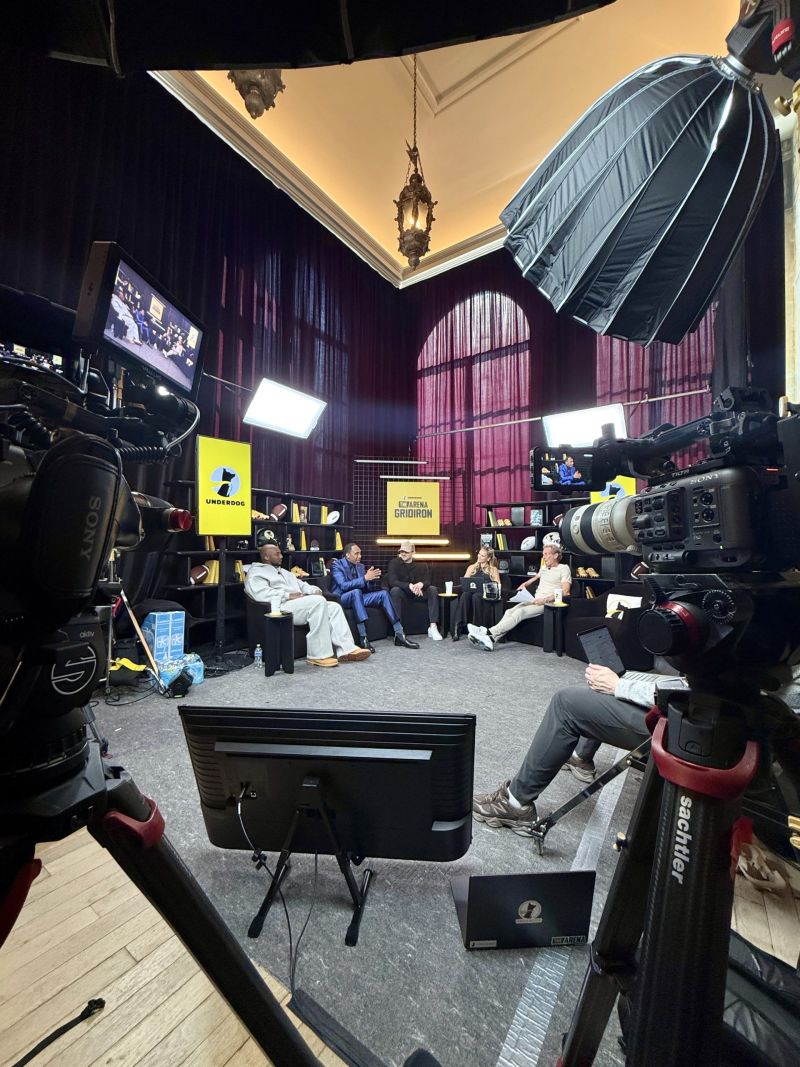 San Francisco podcast video production crew monitoring multi-camera livestream recording on set