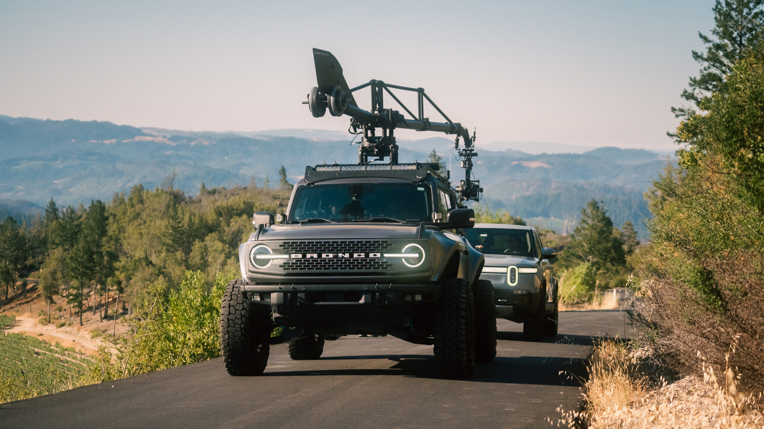 Camera rig mounted to a production vehicle during a San Francisco shoot